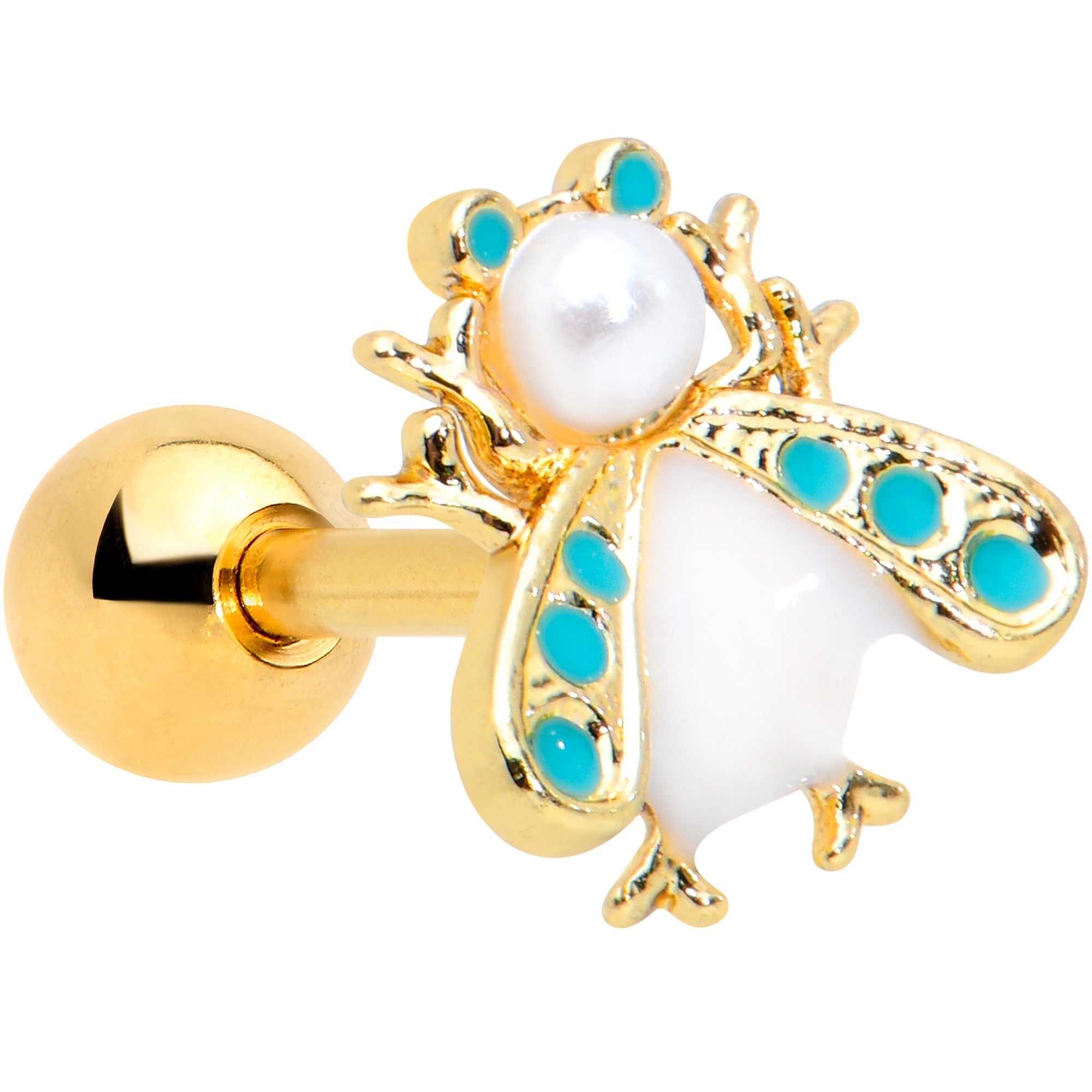 16G 1/4 White Gem Gold Tone Snow Bug Cartilage Tragus Earring