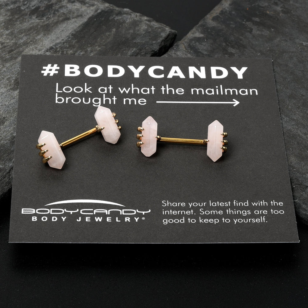 14G 9/16 Pink Rose Quartz Gold Tone Claw Barbell Nipple Ring Set