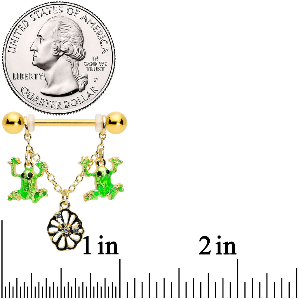 14G 5/8 Clear Gem Gold Tone Frog Flower Dangle Nipple Ring Set