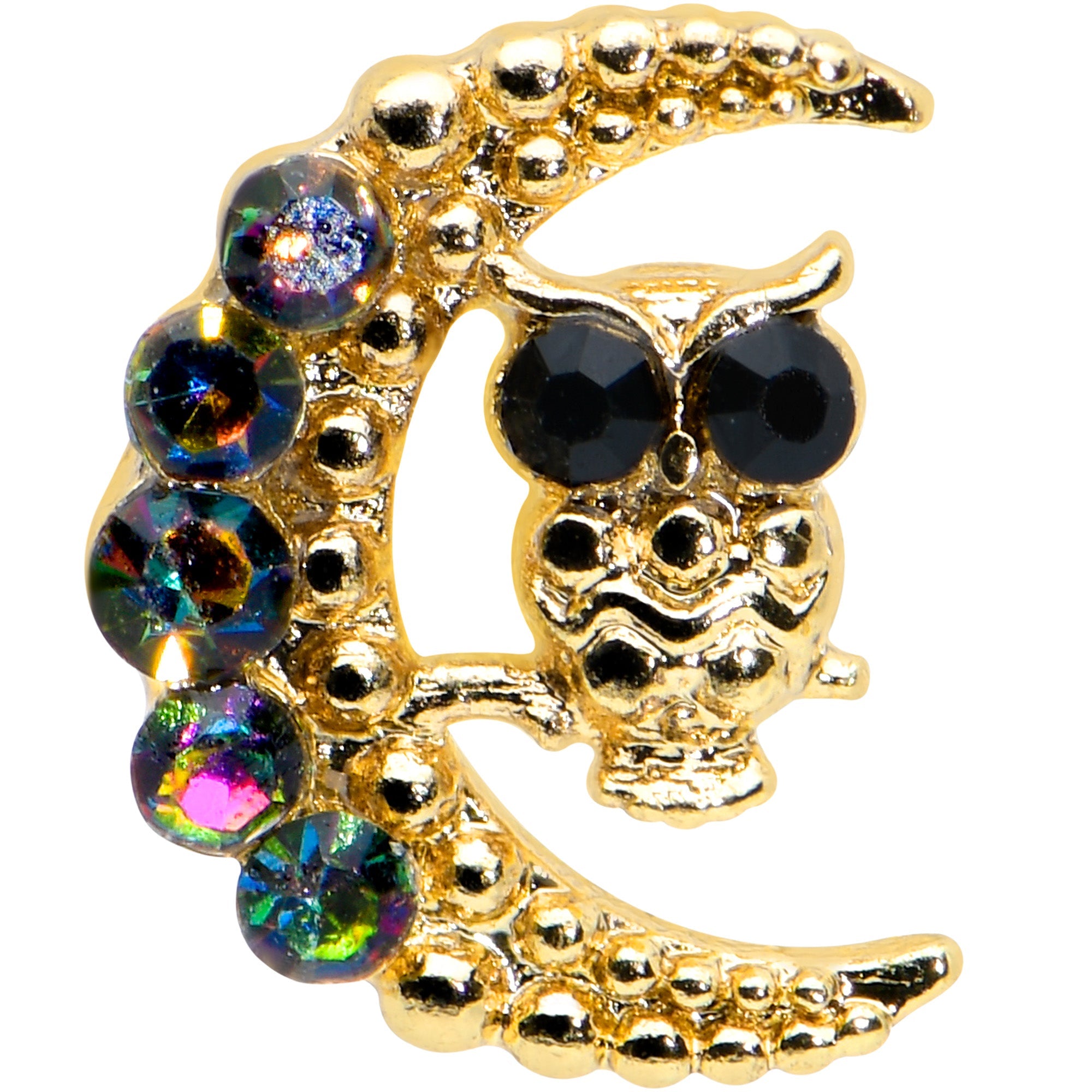 16G 5/16 Aurora Black Gem Gold Tone Owl Moon Labret Monroe Tragus