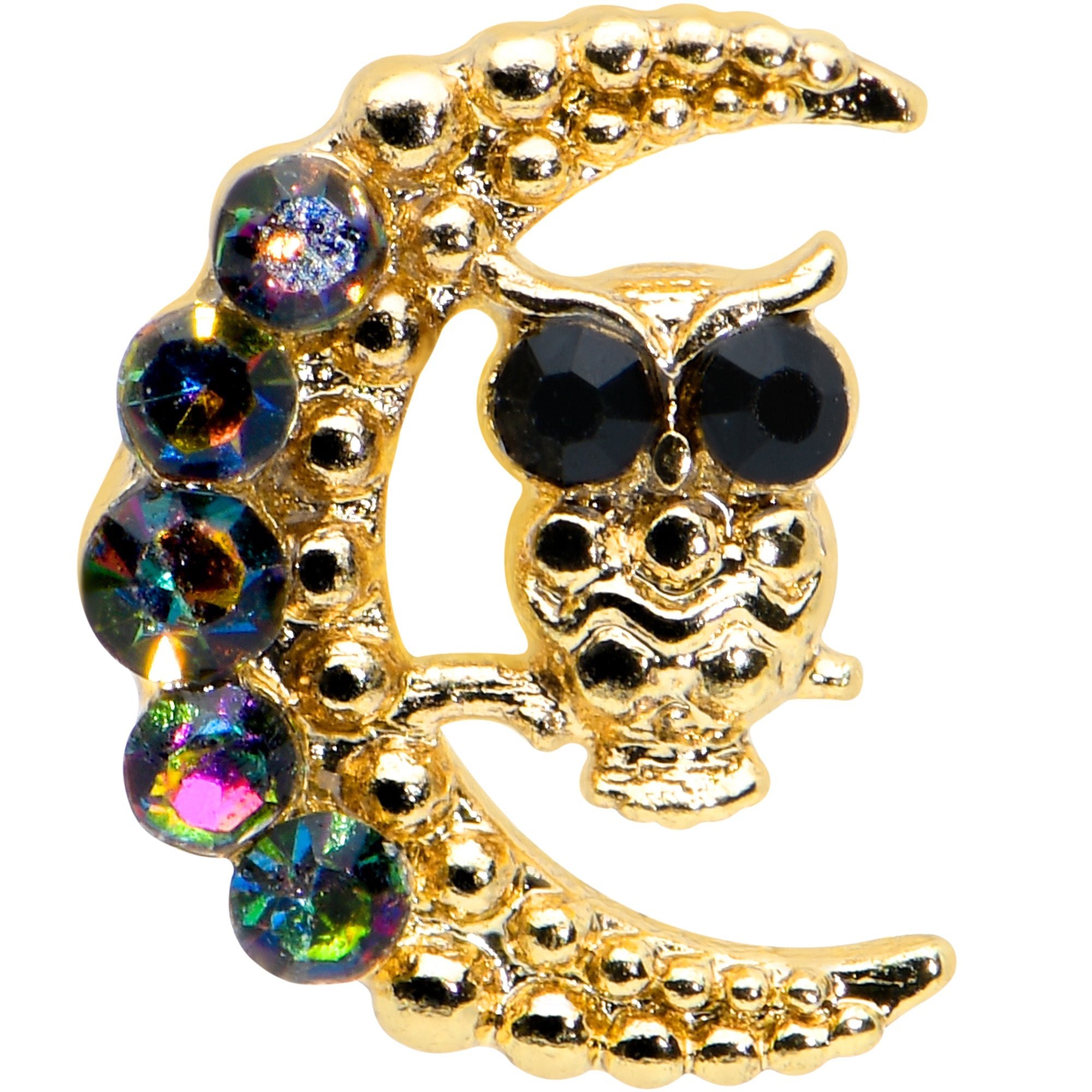 16G 1/4 Aurora Black Gem Gold Tone Owl Moon Labret Monroe Tragus