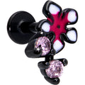 16G 1/4 Pink Gem Black Fanciful Flower Labret Monroe Tragus