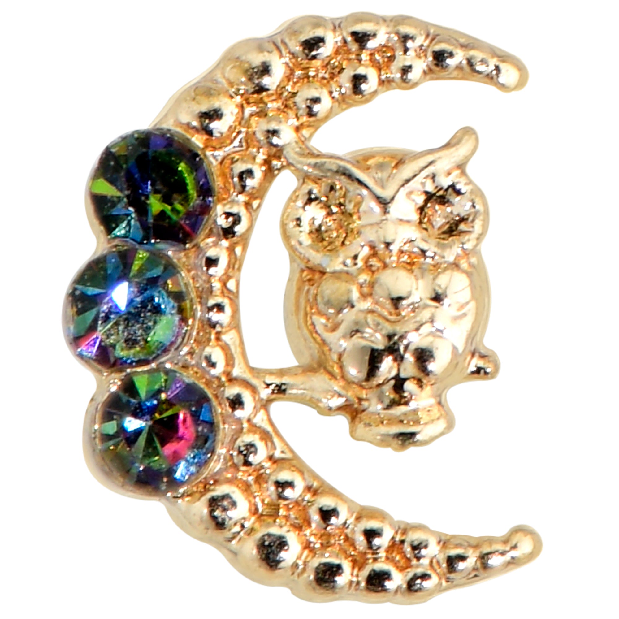 20G 1/4 Aurora Gem Gold Tone Owl In Moon Nose Bone