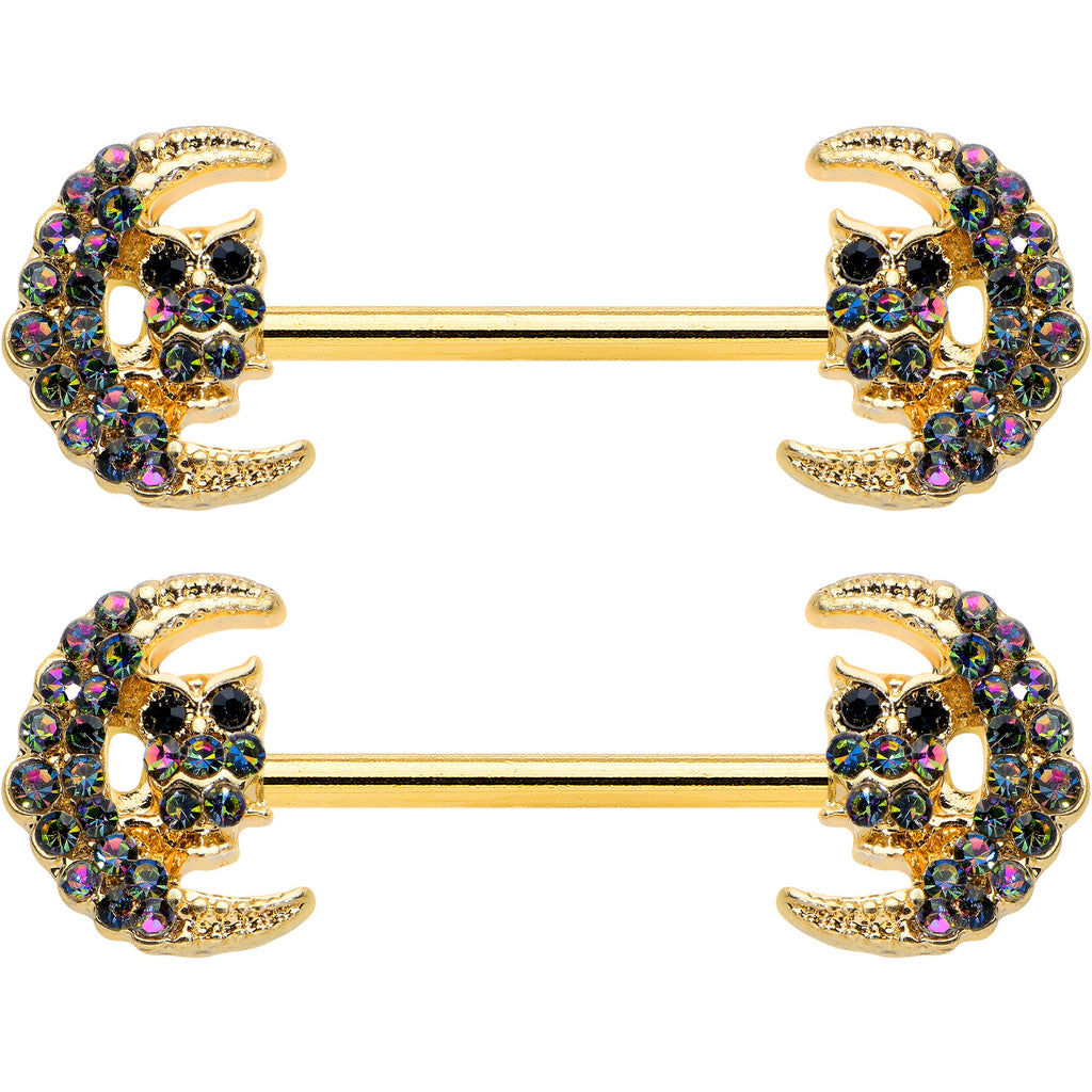 14G 5/8 Aurora Gem Gold Tone Owl Moon Barbell Nipple Ring Set