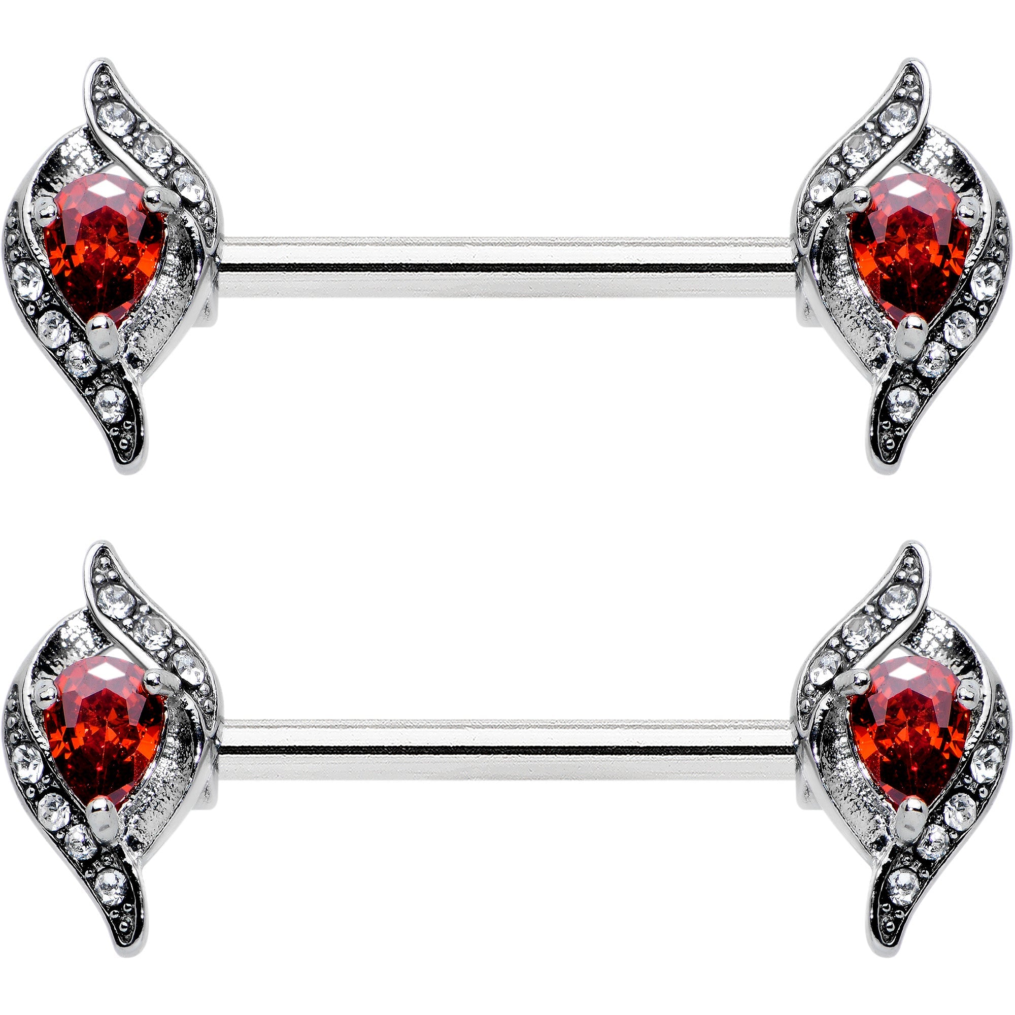 14G 9/16 Clear Red Gem Swirling Oval Barbell Nipple Ring Set