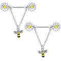 14G 9/16 Clear Gem Daisy Bee Chain Dangle Barbell Nipple Ring Set