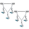 14G 9/16 Blue Gem Open Butterfly Chain Dangle Nipple Ring Set
