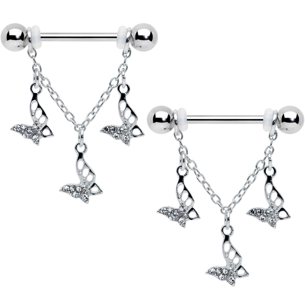 14G 9/16 Clear Gem Open Butterfly Chain Dangle Nipple Ring Set