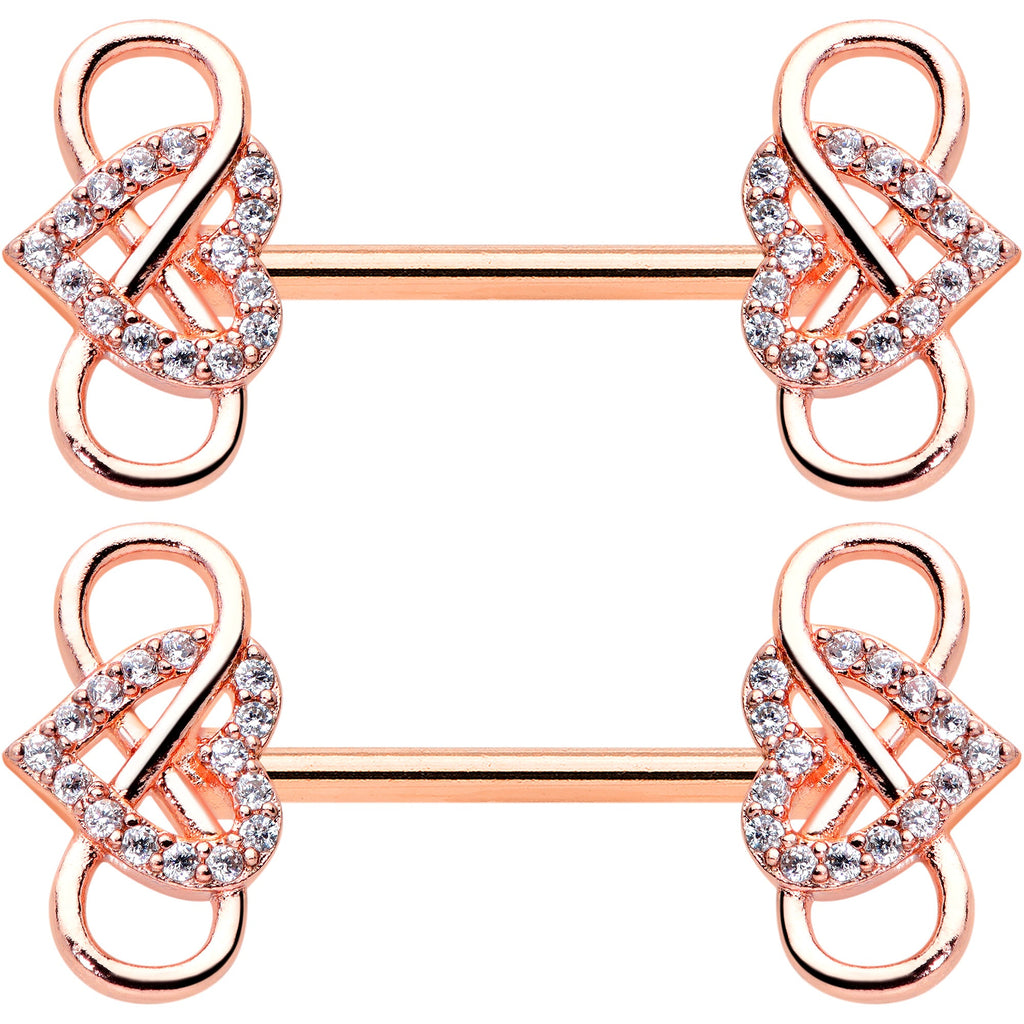 14G 1/2 Clear CZ Gem Rose Gold Hue Infinity Heart Nipple Ring Set