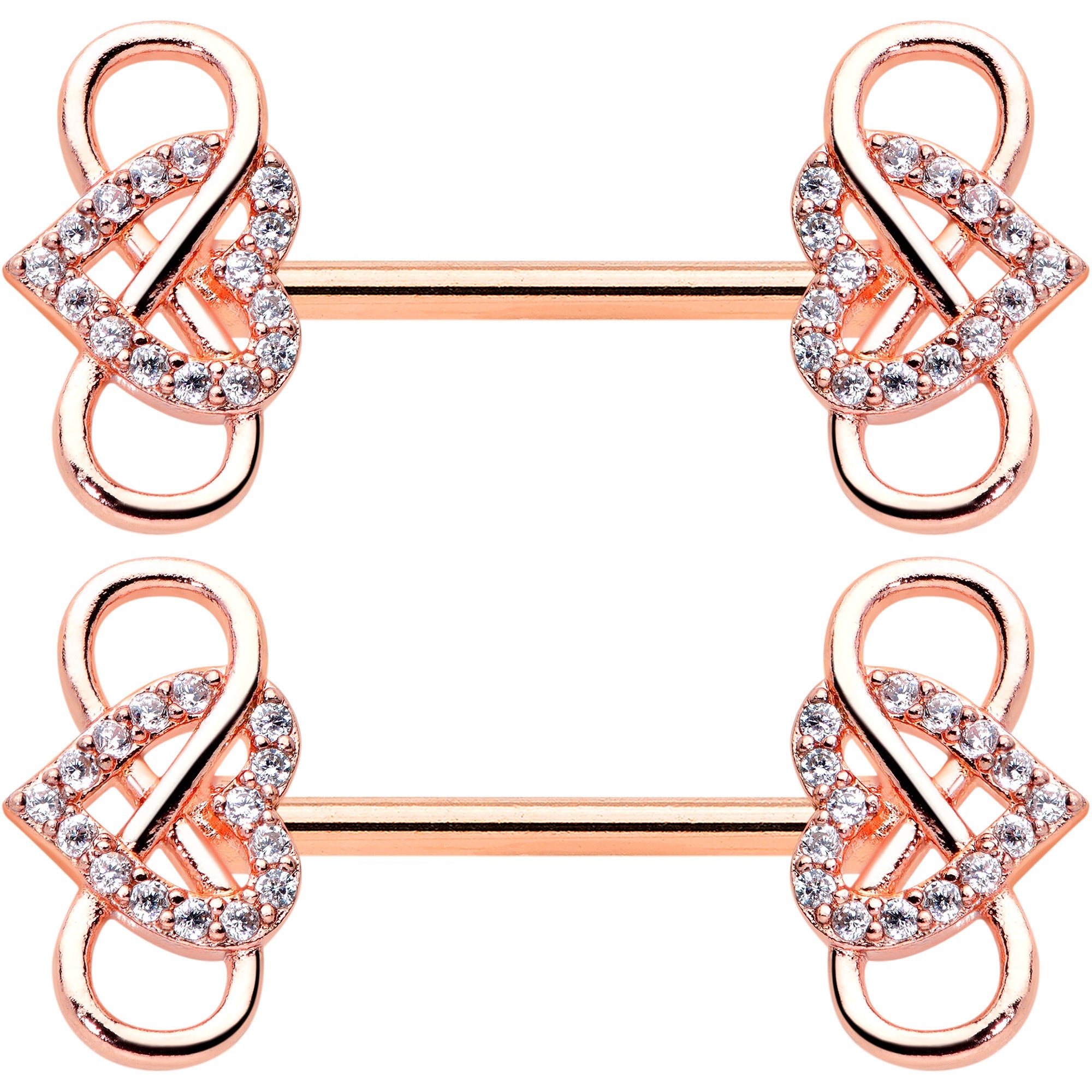 14G 1/2 Clear CZ Gem Rose Gold Hue Infinity Heart Nipple Ring Set