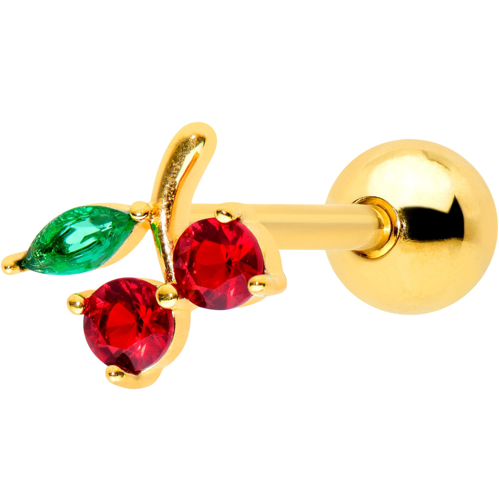 Red Green Gem Gold Tone Tasty Cherry Fruit Barbell Tongue Ring