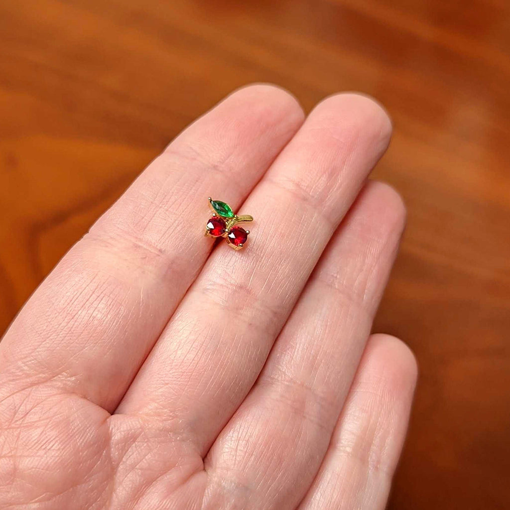 Red Green Gem Gold Tone Tasty Cherry Fruit Barbell Tongue Ring