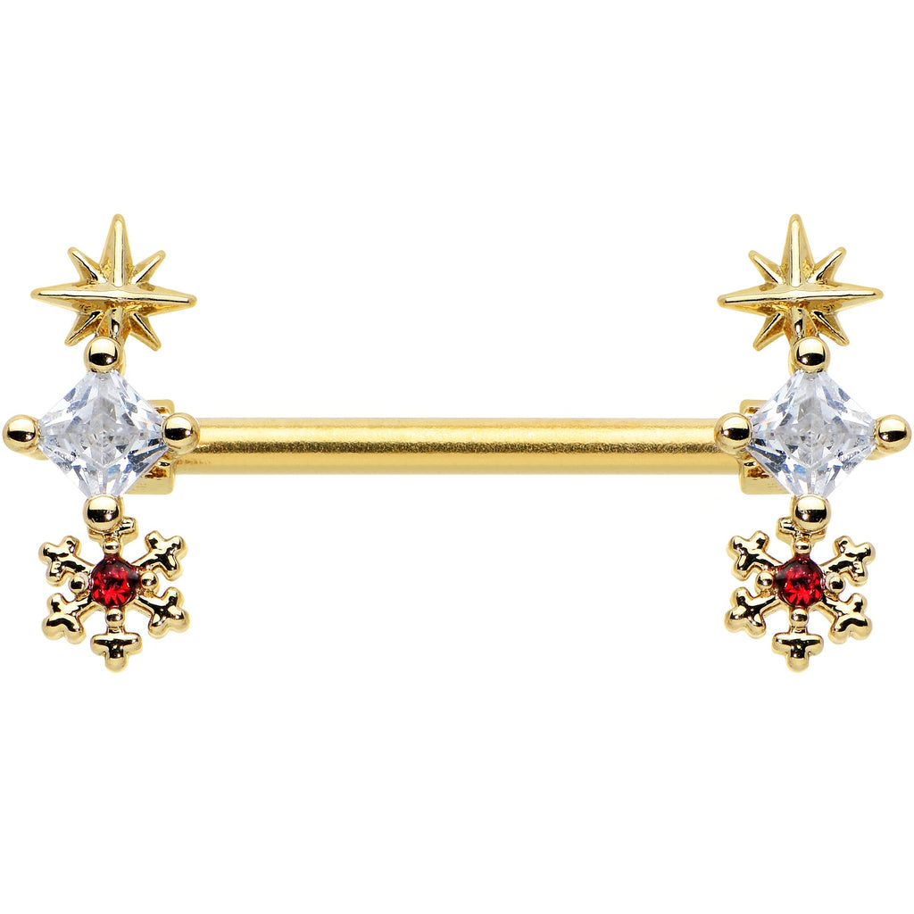 14G 9/16 Red Gold Tone Snowflake Star Christmas Nipple Ring Set