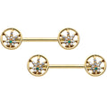 14G 9/16 Clear Green Gem Gold Hue Pot Leaf Circle Nipple Ring Set