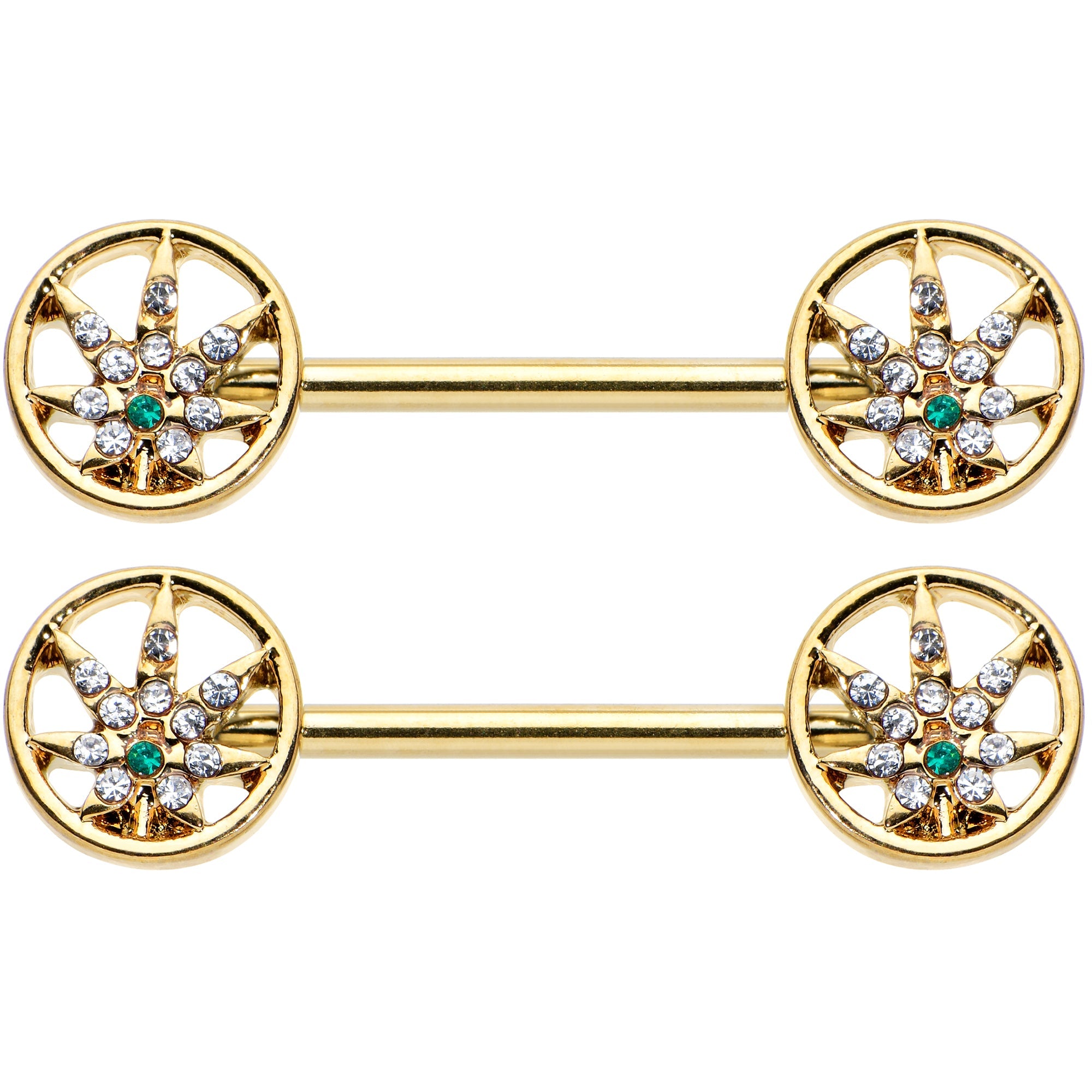 14G 9/16 Clear Green Gem Gold Hue Pot Leaf Circle Nipple Ring Set