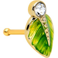 20G 1/4  Clear Gem Gold Tone Lush Green Leaf Nose Bone