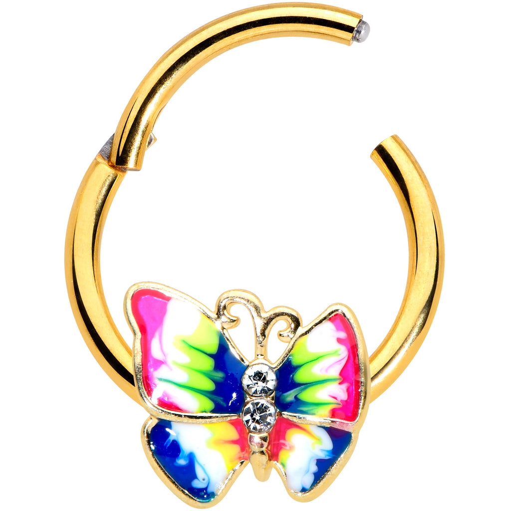 16G 3/8 Clear Gem Gold Tone Bright Butterfly Hinged Segment Ring