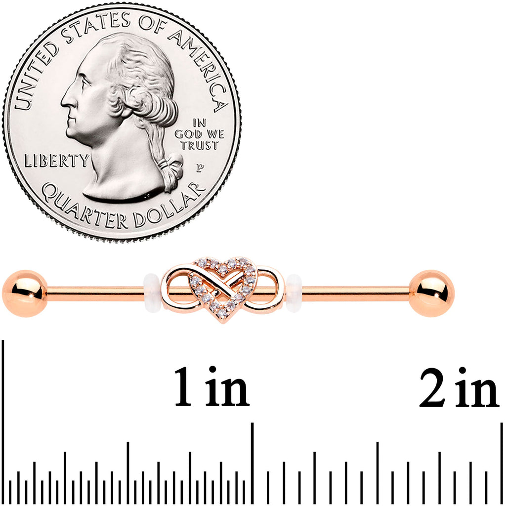 14G Clear CZ Gem Rosy Infinity Heart Industrial Barbell 38mm