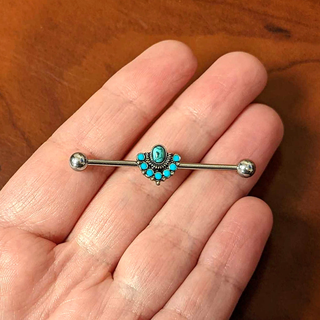 14G Blue Turquoise Stone Southwest Shield Industrial Barbell 38mm