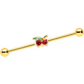 14G Red Gem Gold Tone Tasty Cherry Fruit Industrial Barbell 38mm