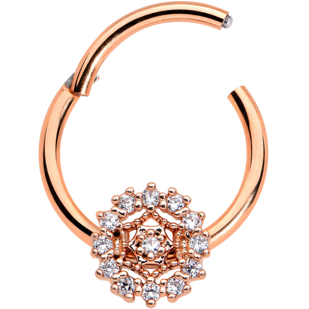 16G 3/8 Clear CZ Gem Rose Gold Tone Geo Web Hinged Segment Ring