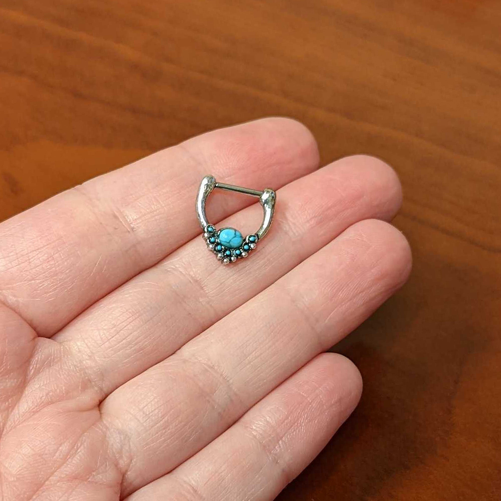 16G 5/16 Blue Turquoise Stone Shield Cartilage Clicker