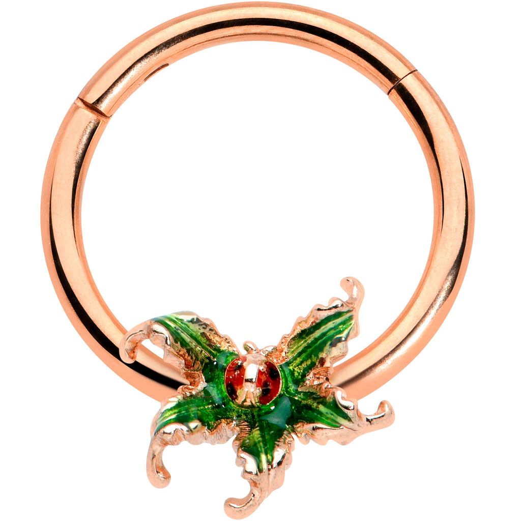 16G 3/8 Rose Gold Tone Tiny Ladybug Leaves Hinged Segment Ring