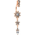Clear Gem Rose Gold Tone Trio Top Double Flower Drop Dangle Belly Ring