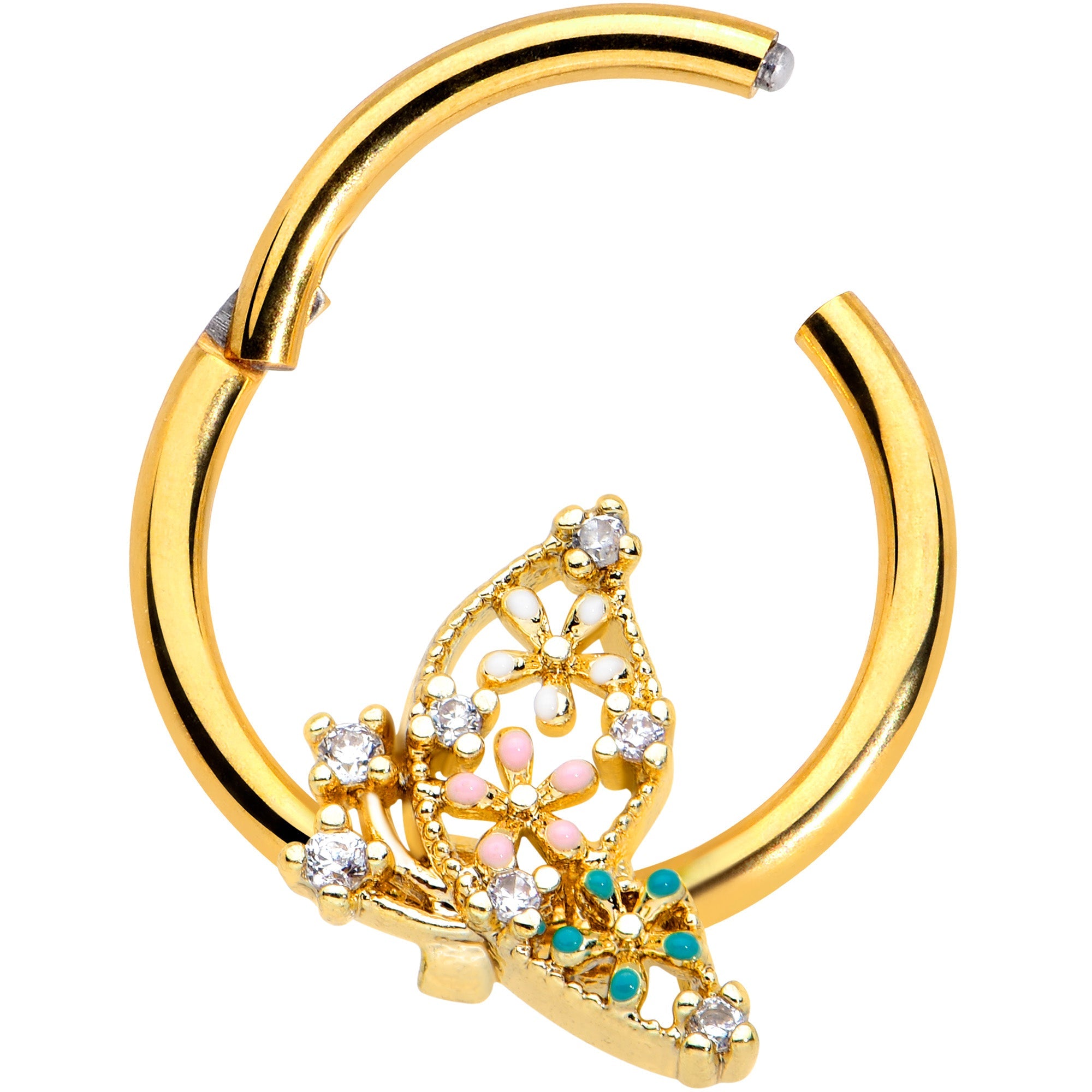 16G 3/8 Clear CZ Gem Gold Tone Abstract Hinged Segment Ring