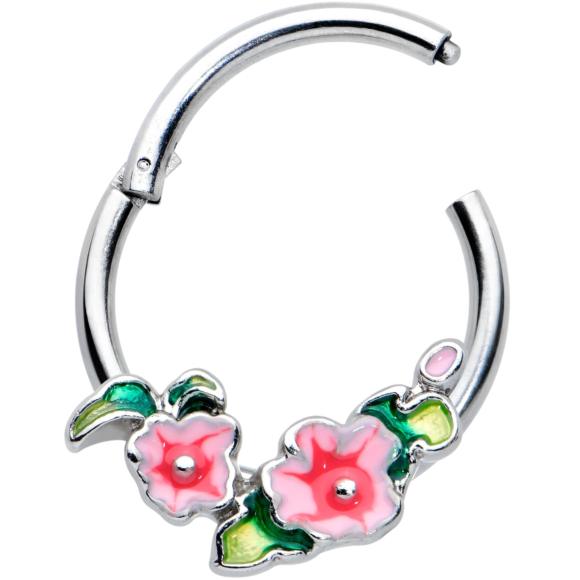 16G 3/8 Lovely Pink Flowers Hinged Segment Ring