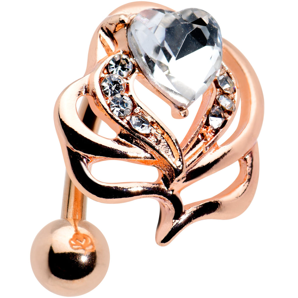 Clear Gem Rose Gold Tone Swirls Heart Top Mount Belly Ring