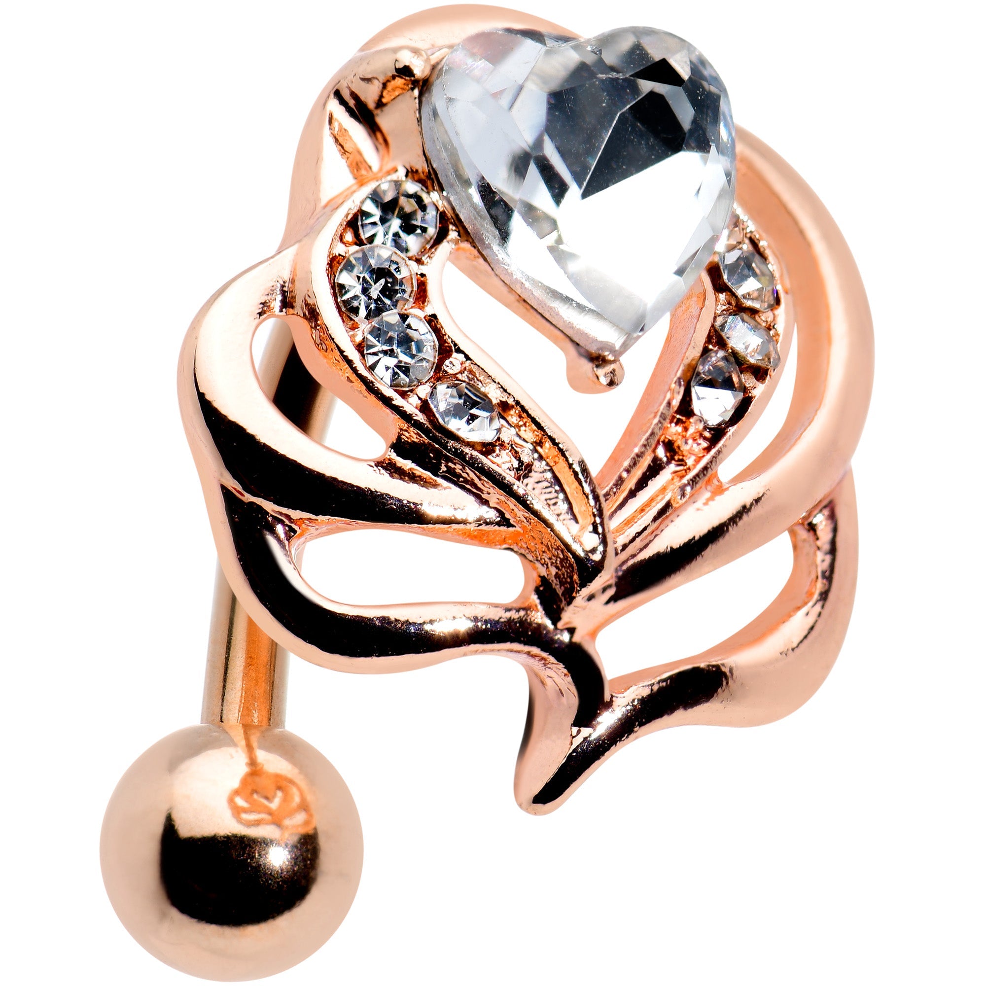 Clear Gem Rose Gold Tone Swirls Heart Top Mount Belly Ring