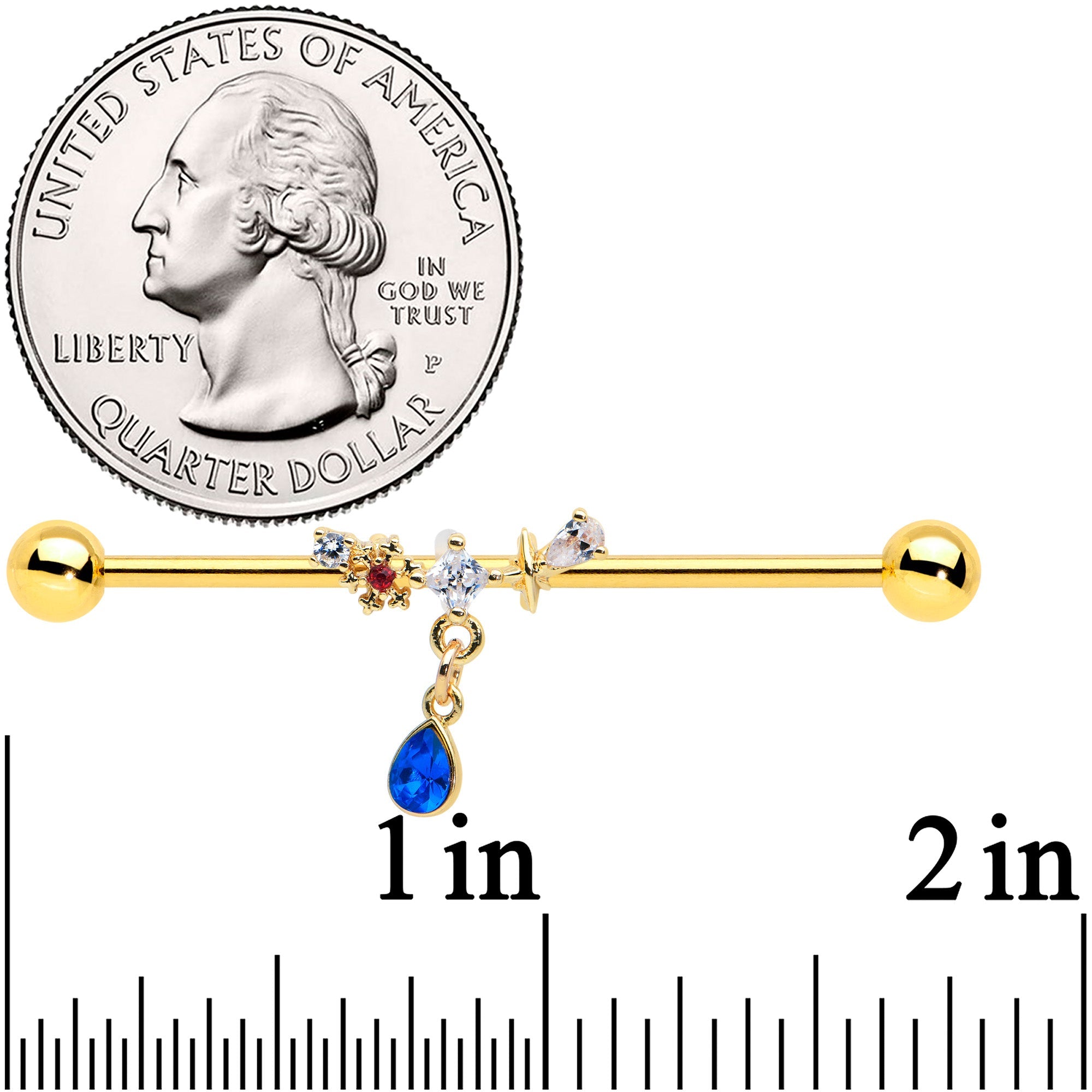 14G Clear Blue Gem Gold Tone Drop Dangle Industrial Barbell 38mm