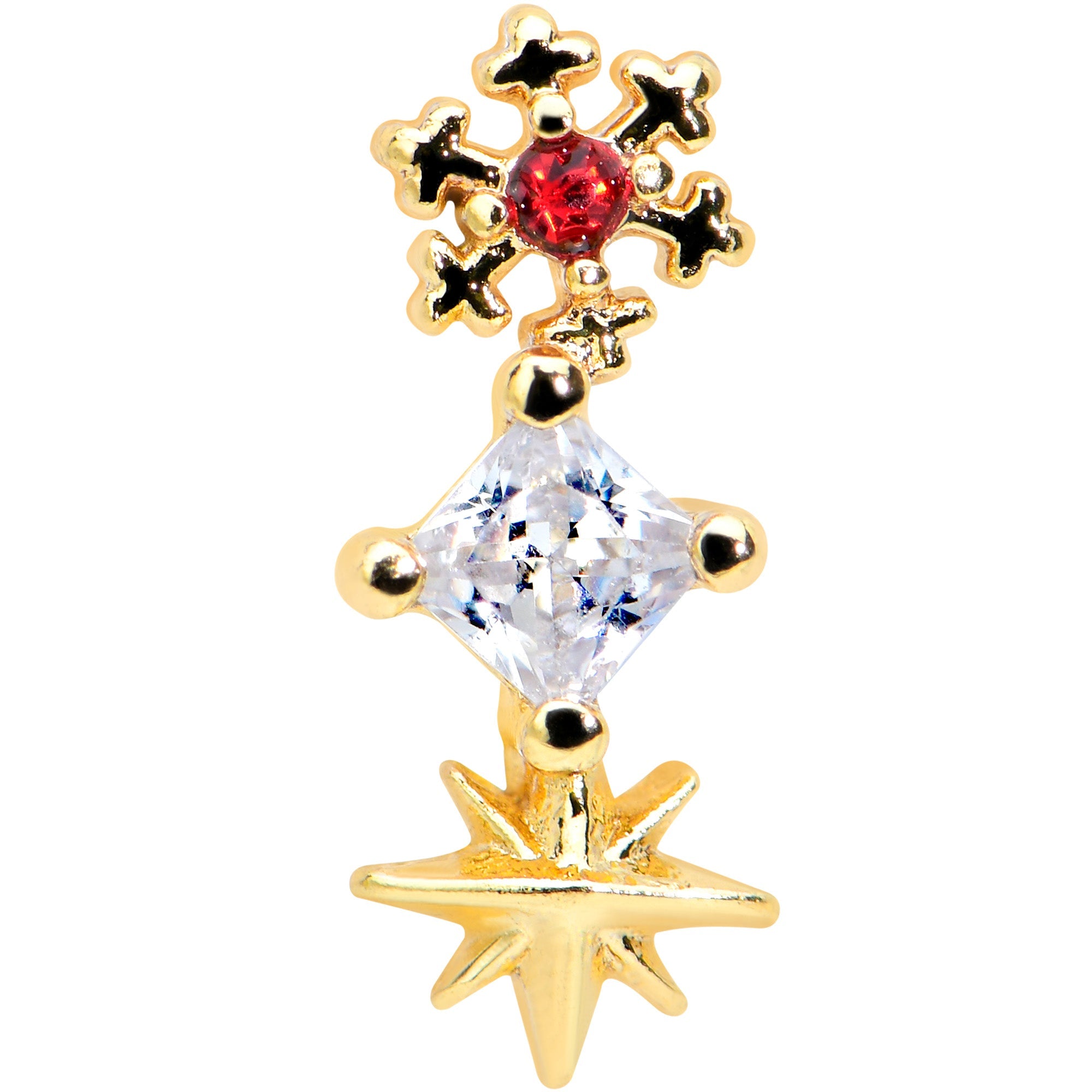16G 5/16 Clear Red Gem Gold Tone Star Snowflake Labret Tragus