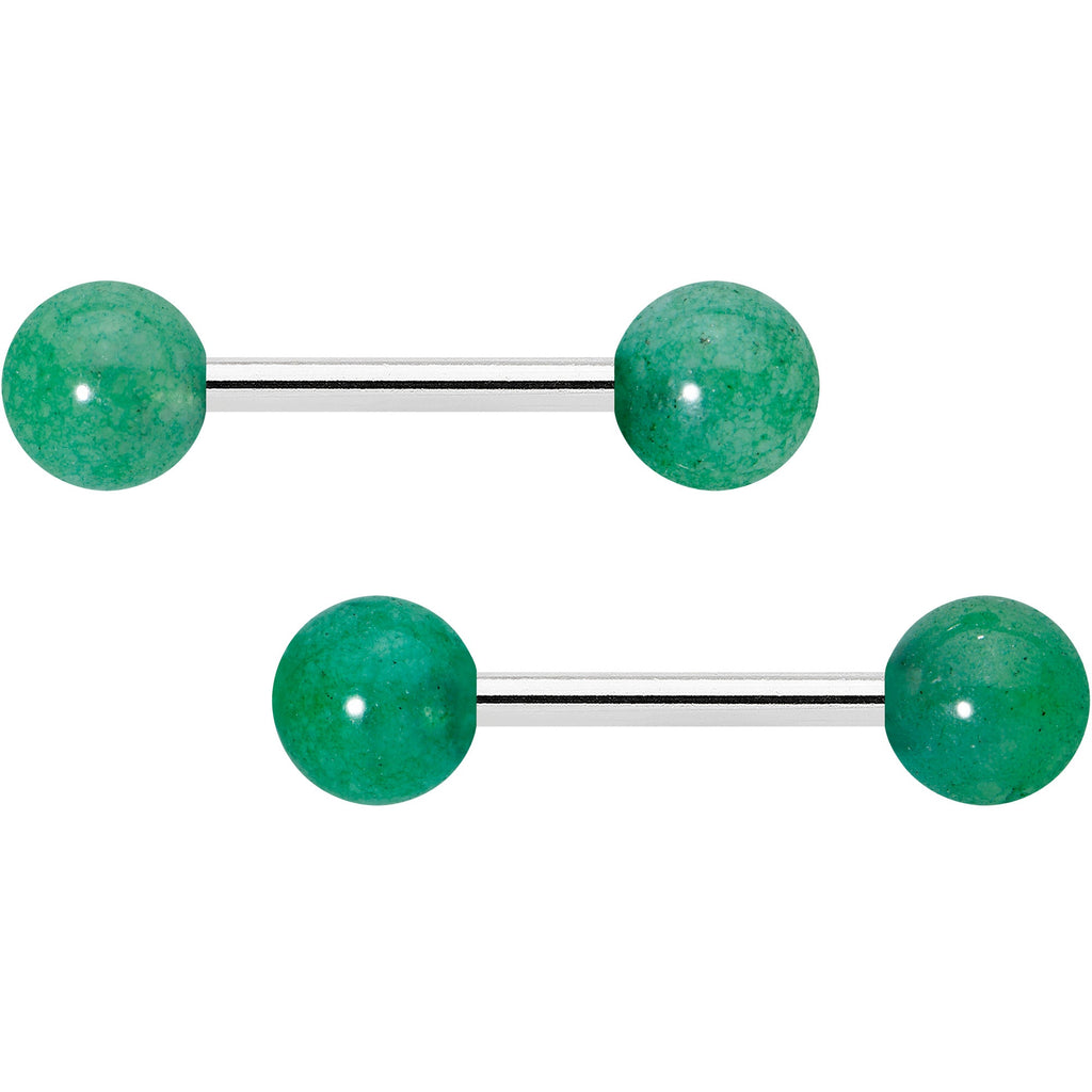 14G 1/2 Elegant Green Jade Barbell Nipple Ring Set
