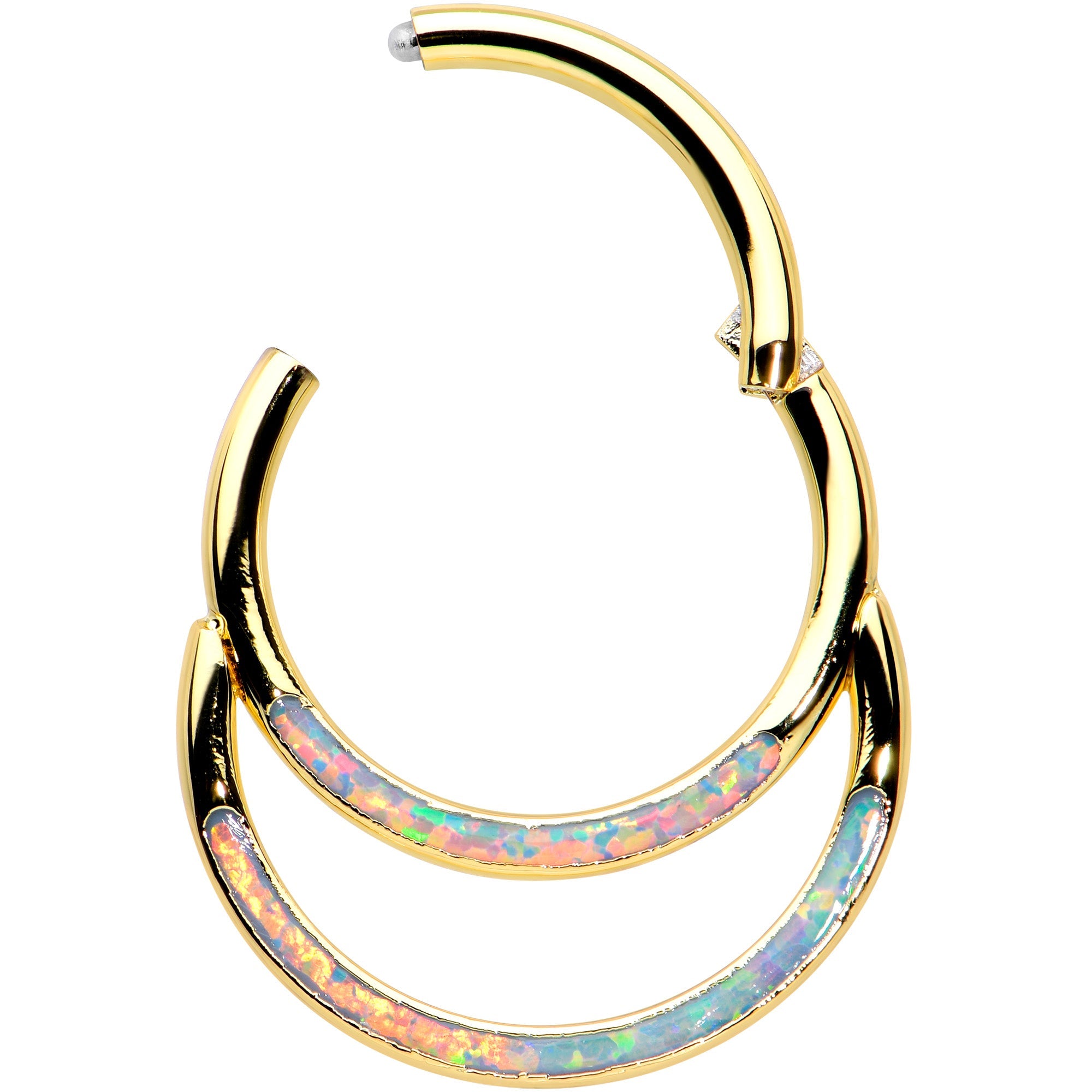 16G 3/8 White Synth Opal Gold Tone Double Row Hinged Segment Ring