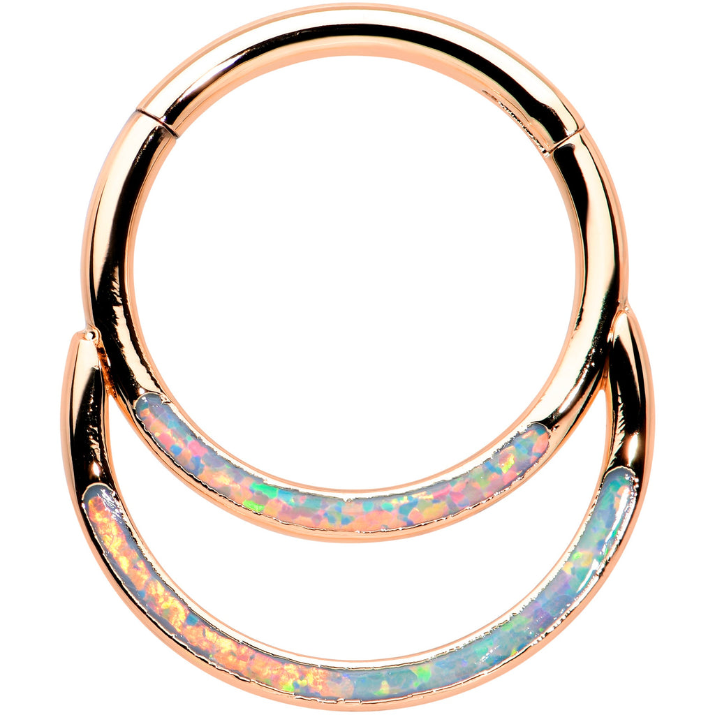 16G 3/8 White Synth Opal Rosy Tone Double Row Hinged Segment Ring