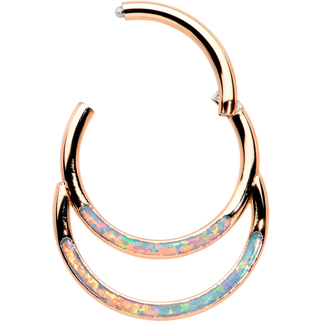 16G 3/8 White Synth Opal Rosy Tone Double Row Hinged Segment Ring