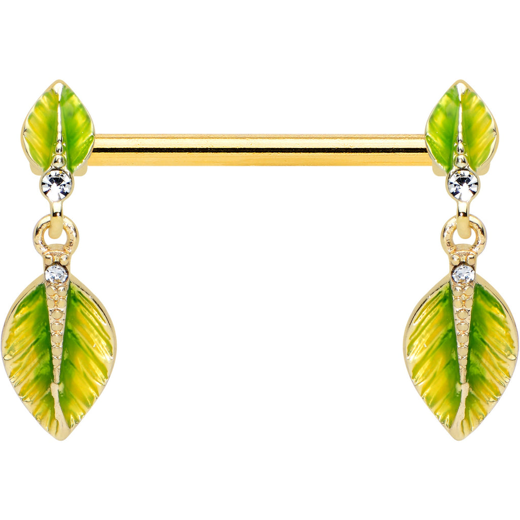 14G 5/8 Clear Gem Gold Tone Lush Leaves Dangle Nipple Ring Set
