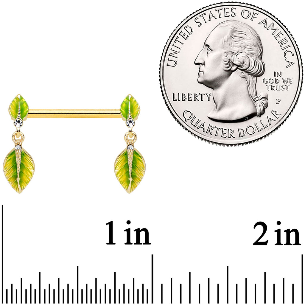 14G 5/8 Clear Gem Gold Tone Lush Leaves Dangle Nipple Ring Set