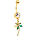 Clear Green Gem Gold Tone Palm Tree Tropical Dangle Belly Ring