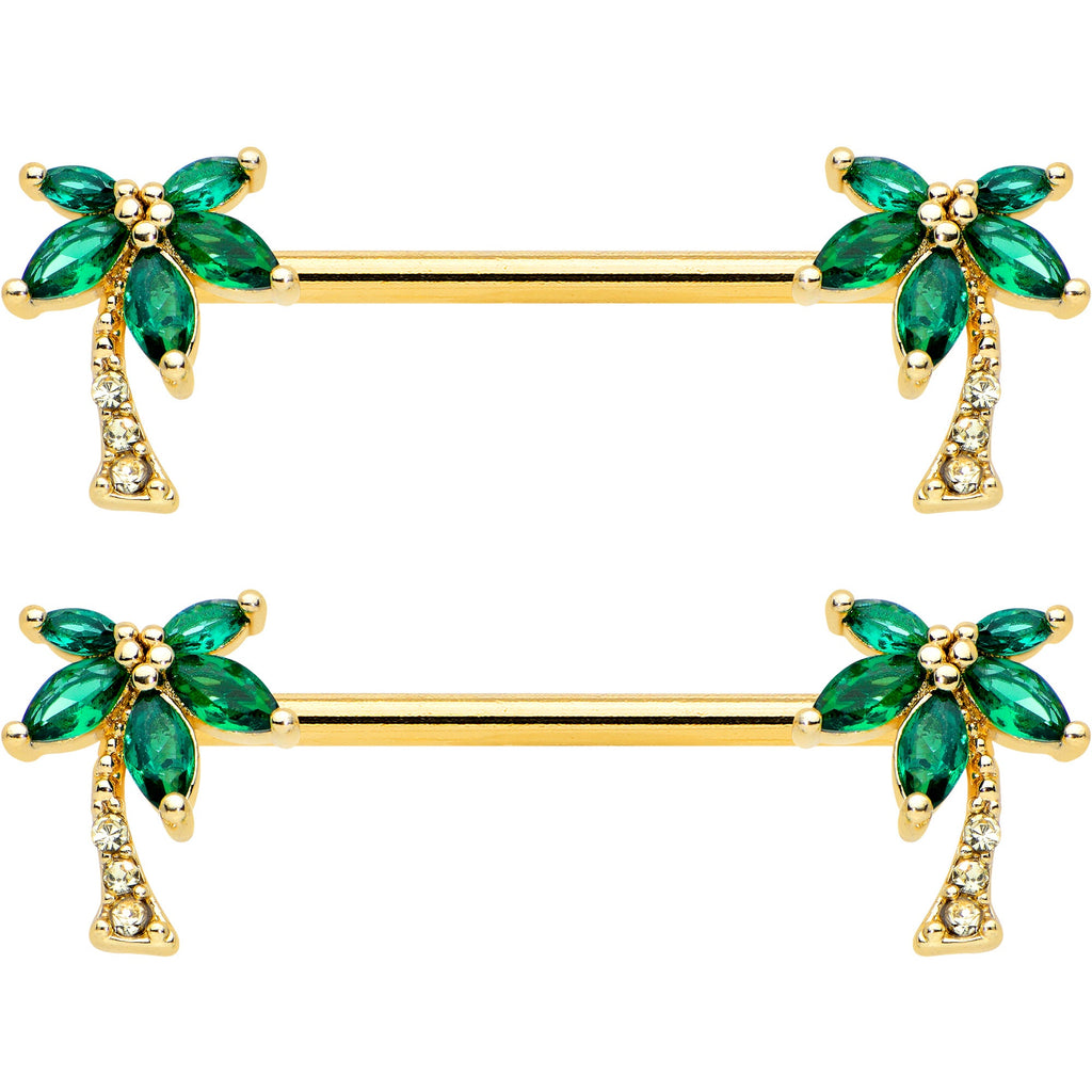 14G 9/16 Clear Green Gem Gold Tone Palm Tree Nipple Ring Set