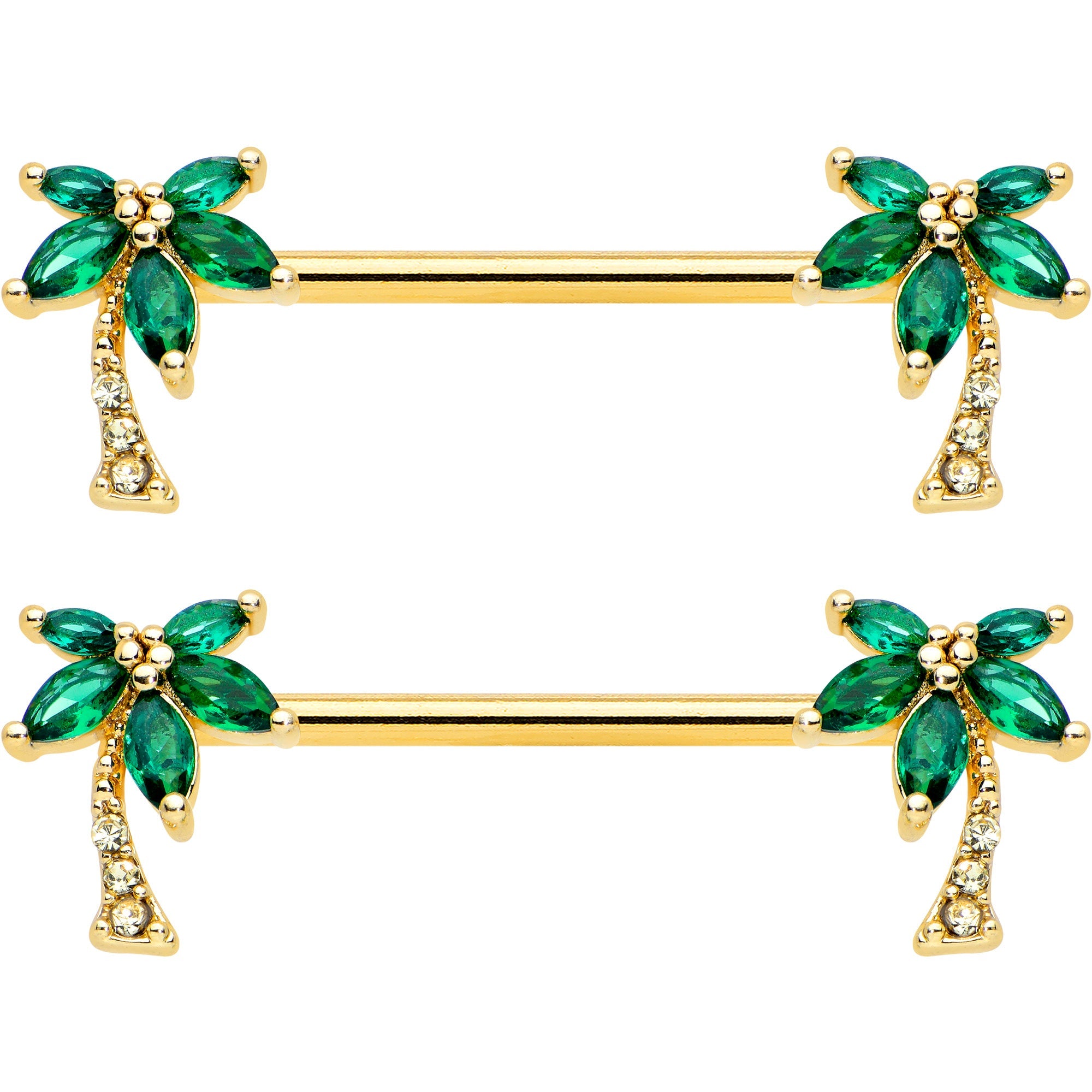 14G 9/16 Clear Green Gem Gold Tone Palm Tree Nipple Ring Set