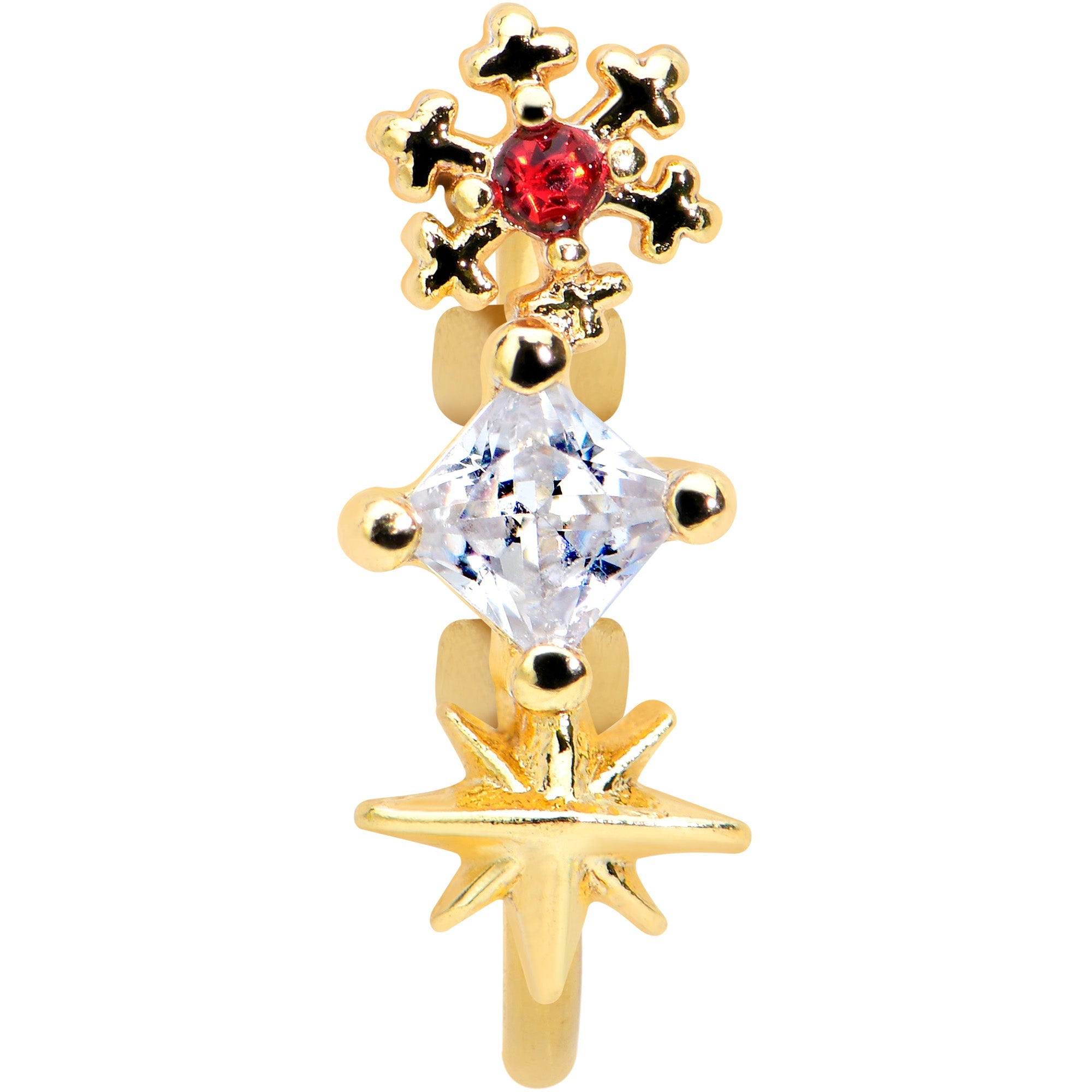20G 5/16 Clear Red Gem Gold Tone Star Snowflake Nose Hoop