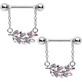 14G 9/16 Clear Pink Gem Leafy Branch Dangle Nipple Ring Set