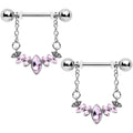 14G 9/16 Pink Gem Crowning Glory Chain Dangle Nipple Ring Set