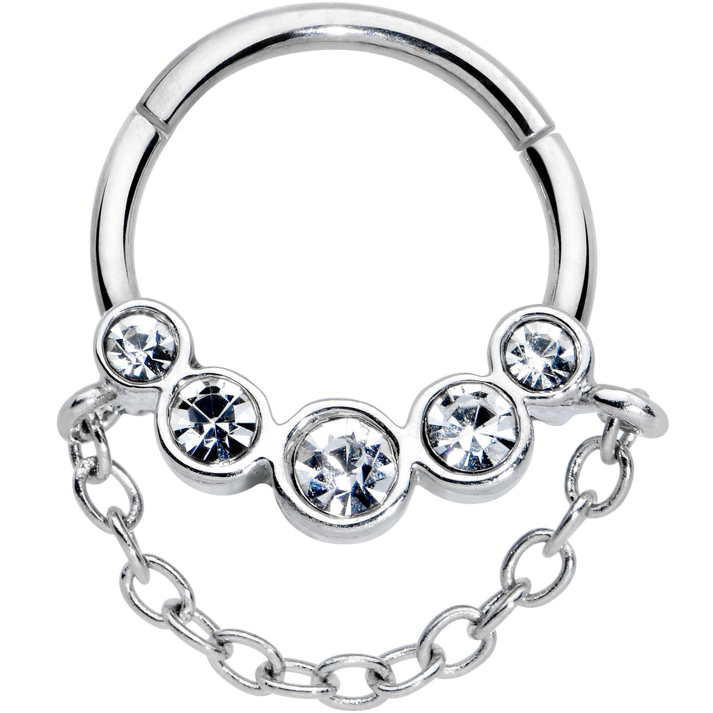 16G 3/8 Clear Gem Trio Chain Dangle Hinged Segment Ring