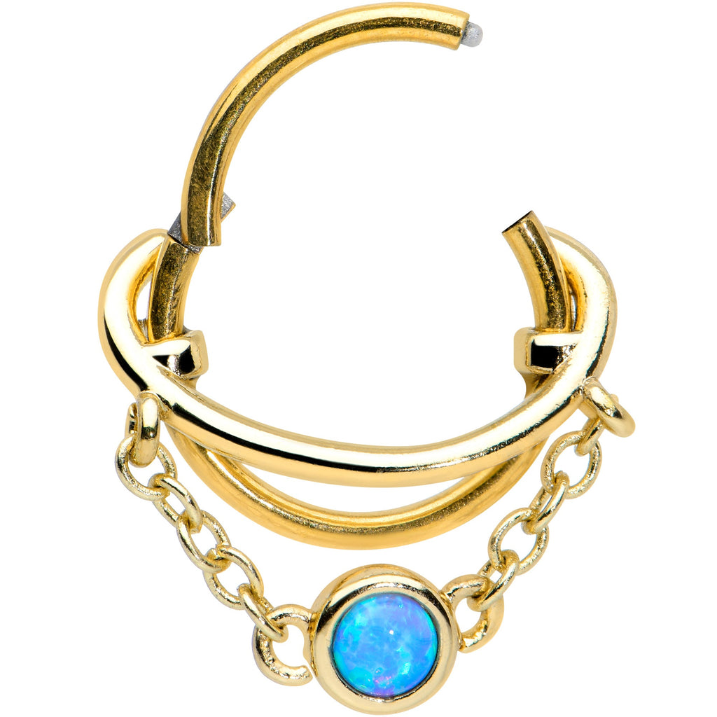 16G 3/8 Blue Synthetic Opal Gold Tone Saturn Hinged Segment Ring