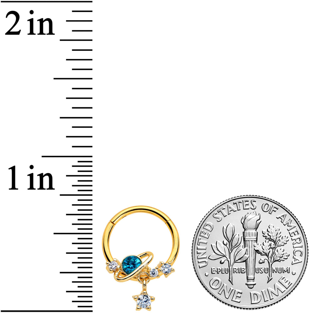 16G 3/8 Clear CZ Gem Gold Hue Blue Saturn Star Hinged Segment Ring