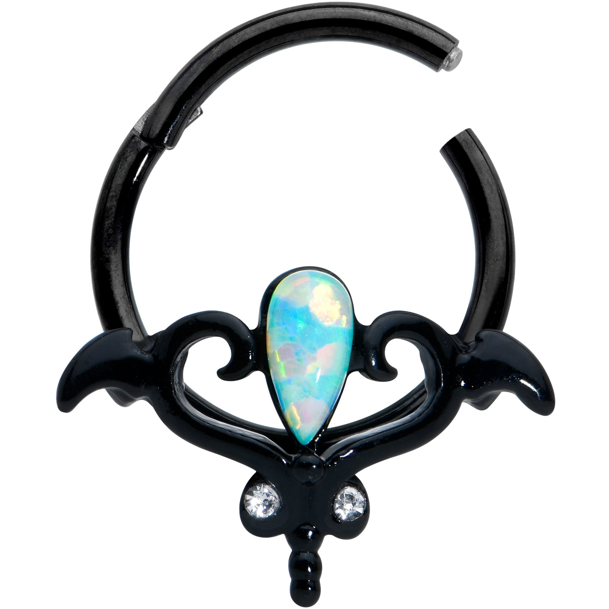 16G 3/8 White Synthetic Opal Black Wings Hinged Segment Ring